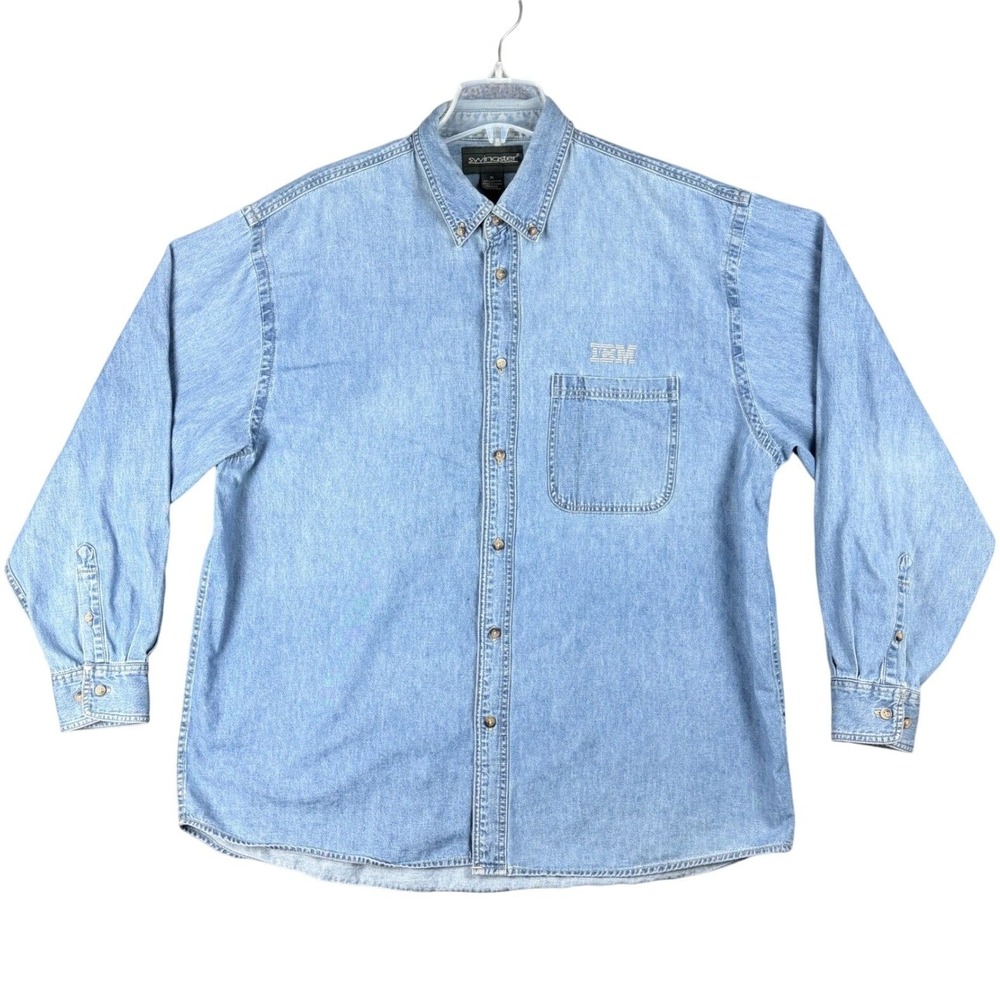 Vtg 90's Swingster IBM Men's XL Denim Shirt Light Wash Cotton Corporate Workwear